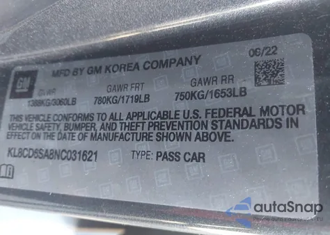 2022 Chevrolet Spark Fwd 1Lt Automatic из США, поврежденный, VIN KL8CD6SA8NC031621